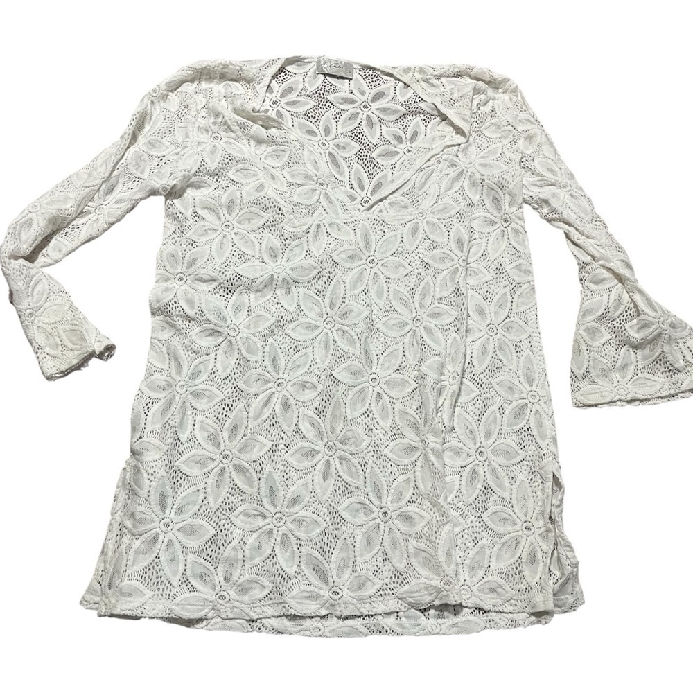 Vintage One Size White Lace Floral Swim Cover Up Bell Sleeves 90s festival retro